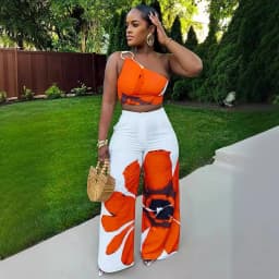 Matching Sets Wide Leg Full Length Pant Sexy Print One Shoulder Tops Pullover Pant Sets Loose Pockets High Street Spliced