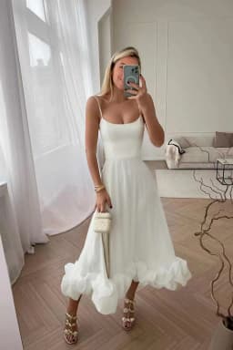 Women's Solid Color Spaghetti Strap Midi Dress Ruffled Hem Fitted A-Line Gown Elegant Party Dress For Dating & Evening Event