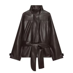 Guobioziy 2026 Autumn Slim Fit PU Leather Jacket Women Belted Waist Stand Collar Coat For Elegant Office Lady Work Wear
