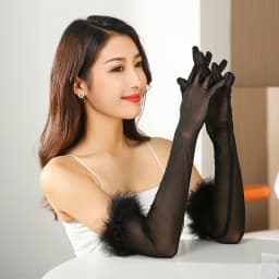 Sexy Black Silk Feather Thin Transparent Mesh Lace Long Gloves 55CM Cosplay High Elastic Opera Performance Etiquette Mittens