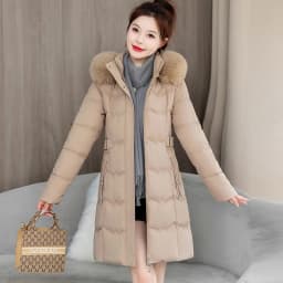 Detachable Fur Collar Thickened down Cotton Jacket Slimming Mid-Length Women's Korean Style Commute Pure Color Coat with Pocket