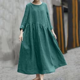 Women's Cotton Linen Maxi Dress Long Sleeve Button Up Crewneck Long Dress with Pockets Plus Size Casual Flowy Beach Sundress