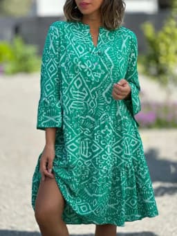 Summer Women's Loose Dress V-neck Button Pullover Flared Sleeve Vacation Fashion Casual Splicing Elegant Beach Midi Skirt