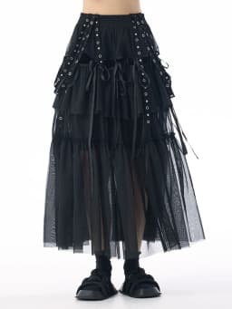 [EAM] High Elastic Waist Coffee Mesh Perspective Ribbon Strap Half-body Skirt Women Fashion Tide New Spring Autumn 2026 1DJ5044