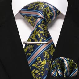 JEMYGINS Business Tie for Men Silk Navy Blue Tie Striped Paisley Necktie Handkerchief Tie Clips Set for Wedding Party Gift