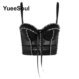 Black Y2K Tops White Rhinestone Sequins Tassel Slim Crop Top New Gothic Party Club Wedding High Street Sexy Corset Top Camis