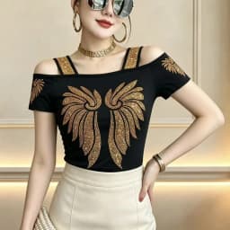 New Designer Hot Diamond Mesh T-Shirt Women Korean Style Sexy Off Shoulder Slim Tee Summer Casual Streetwear Tops