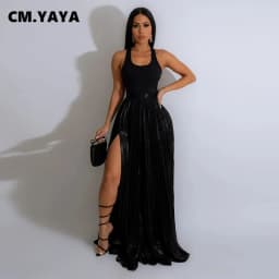 CM.YAYA Women Fashion 2024 Spring High Side Split Big Swing Pleated Floor Length Skirt High Waist Street Party Long Maxi Skirts