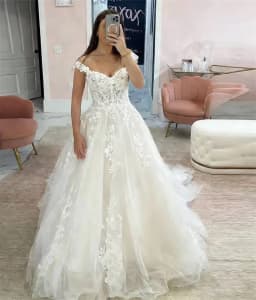 Customized Womens Vintage Lace Applique Wedding Dresses For Bride Off the Shoulder Bridal Gowns Backless A-line Robe De Mariée
