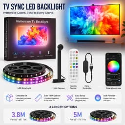 TV Sync LED Backlight with Mnini Camera, RGBIC Strip Light, Bluetooth APP & Remote Control, Music Sync, 3.8M/5M USB Lamp Tape