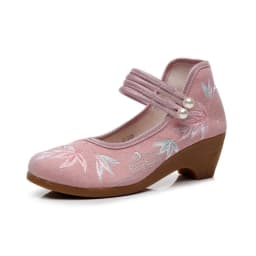 Women Ankle Button Strap Pumps Ethnic Embroidery Mary Jane Dress Shoes Mid Heel Cotton Fabric Espadrilles Vintage Sandals