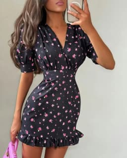 Chic Printed Slim Fit Mini Dress Women Elegant V-neck Puff Short Sleeves Waist Cinching Dresses 2026 Summer Lady Party Robes New