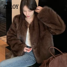 ZAROY 2027 Winter Faux Fox Fur Coat Chic Women Brown Luxury Fluffy Soft Warm Fur Jacket Fashion Colarless Cardigan Fur Outerwer