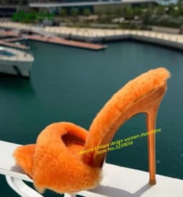 Pink Stiletto Plush Slippers Pointy Toe Thin Heeled Solid Women's Slippers Slip On Sexy Outside 2023 New Arrival Plus Size Shoes