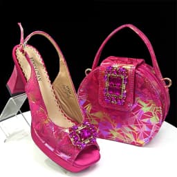 Elegant Women Heels for Peep Toe Good Material Design Rhinestone Fuchsia Sandals Italian Shoes and Bags Matching Set 2025