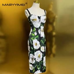 MARYYIMEI Spring Autumn Women's Dress Spaghetti Strap Backless High waist Pretty Slim-Fit Hip Wrap Print Silk Dresses