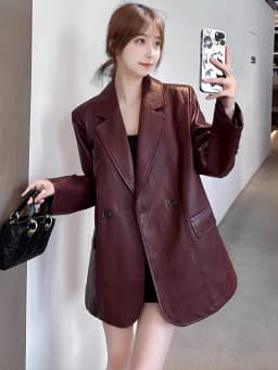 2025 Spring Autumn New Ankela Red Retro High Grade Leather Jacket for Women, Loose and Casual, Skinny Leather Suit Trendy Blazer