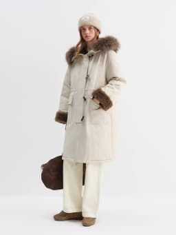 FSLE Women's Fur-Lined Down Parka Jacket with Wool Blending Mid-Length Winter for 2025 Winter New Arrival Long Hooded Jacket