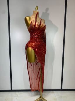 Sexy Red Mesh See Through Diamonds Sequins Dress Luxury Birthday Evening Party Costume Bar Nightclub Stage Performance Outfit