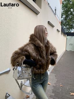 Lautaro Autumn Winter Chic Luxury Short Soft Thick Warm Hairy Shaggy Faux Fur Coat Women with Hood Zipper Fluffy Jacket 2024