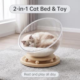 Transparent Acrylic Cat Spaceship Nest 2 In 1 Cat Bed & Rotating Turntable Toy With Wood Play Ball Four Season Pet Cat House