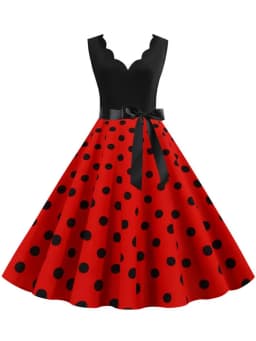 Polka Dot Print Women Summer Dress Black Patchwork Sleeveless V Neck Elegant Vintage Party Casual Midi Dress