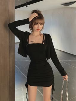Early Autumn Drawstring Wrap Hip Baring Dress Short Outer Skirt Two Piece Set Women's High Waist Commute Korean Style Long Sl...