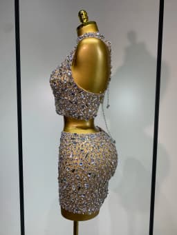 High Quality Sparkling Rhinestone Sexy See Through Blackless Top Skirt Two Pieces Set Woman Luxury Birthday Evening Party Gowns