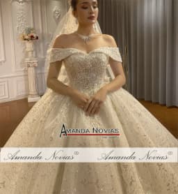 Customized Off The Shoulder Straps Lace Wedding Dress With Small Train NS4596