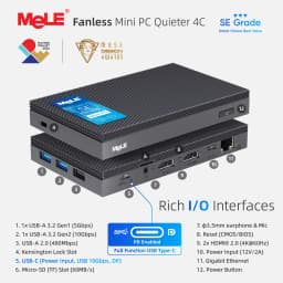 MeLE SE Grade Quieter 4C Fanless Mini PC N150 8GB 128GB Windows 11 Pro USB-C PD3.0,Triple 4K Display, 0dB Silent, Compact Design