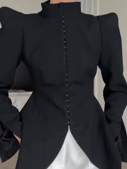 Women Coat Jacket Stand Collar Shoulder Pad Hook Front Jackets Cinched Waist Asymmetrical Hem Blazer Elegant Fashion Outerwear