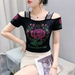 New Designer Hot Diamond Mesh T-Shirt Women Korean Style Sexy Off Shoulder Slim Tee Summer Casual Streetwear Tops
