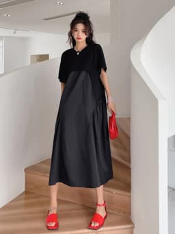 Patchwork Pleated Black Vintage Dresses For Women New Korean Fashion Short Sleeve Loose Casual Summer Long Dress Clothing 2026