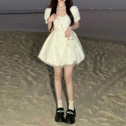 CGC Vintage Puff Sleeves White Short Dresses For Women Summer Elegant Party Dresses Korean Fashion Female Kawaii Lolita Dress