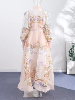 Lace Printed Women's Dress Elegant Half High Collar Loose Sleeve Single Breasted Belt Female Skirt 2026 Summer Lady Draped Robe