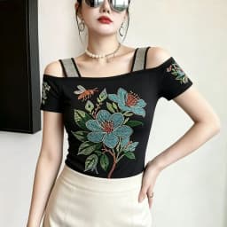 New Designer Hot Diamond Mesh T-Shirt Women Korean Style Sexy Off Shoulder Slim Tee Summer Casual Streetwear Tops