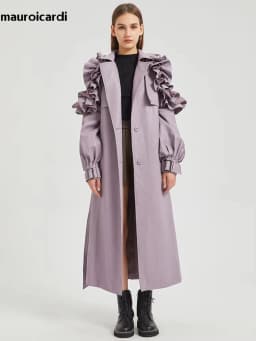Mauroicardi Spring Extra Long Black Ruffled Soft Faux Leather Coat Women Belt Elegant Chic Luxury Designer Clothes Overcoat 2025