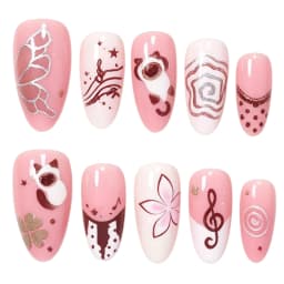 30pcs Sweet Pink Almond False Nails Cartoon Cat Music Note Polka Dot Butterfly Pattern Press On Nails French Style Manicure Art