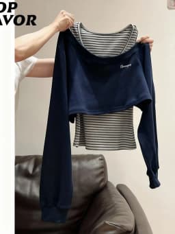 Designer Unique Off-shoulder Tops Women Two Piece Set Long Sleeve Striped Sweatshirt Fall Navy Hoodie Jacket Spring Outwear