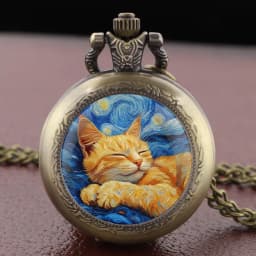 Sleep Cat Watch Black Quartz Pocket Watch Van Gogh's Art Vintage Accessory Women Necklace Pendant Clock Men Gifts for Cat Lover