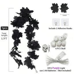 1pc 20 LED Halloween Horrible Atmosphere Fall Black Maple Leave Vines Light With 6 Skull Battery Powered Hanging DIY Decorative