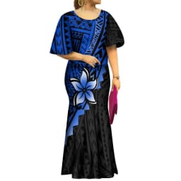 2022 New Samoan Puletasi Set Monstera Leaf Print Bat Sleeve Ptaha Blue Polynesian Top Maxi Fishtail Skirt Womens 2 Piece Set