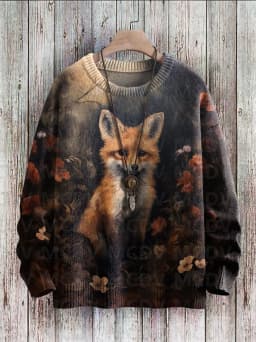 Cute Fox View Art Pattern Print Casual Knit Pullover Sweater Women For Men Sweater