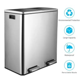 Brushed Stainless Steel 60L/16Gallon Rectangular Hands-Free Dual Compartment Recycling Kitchen Step Trash Can w/ Soft-Close Lid