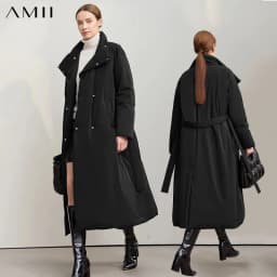 Amii Down Coats 2025 Winter New Solid Color Loose Long Women's Outerwear With Belt High Neck Thicken Warm Down Jacket 12544184
