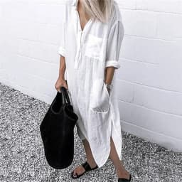 Women Elegant Cotton Linen Solid Color Dresses Summer Comfortable Female Casual Commuter Dress Multi-pocket Split Hem Loose Gown