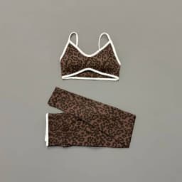 Women 2Pcs Leopard Print Workout Set Contrast Trim Thin Strap Bra & High Waist Tummy Control Leggings Breathable Yoga Outfit
