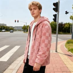 Fuzzy Men Coat Men Polyester Coat Men's Plush Hooded Jacket Fuzzy Checkered Zip-up Hoodie Warm Winter Coat for Casual Streetwear