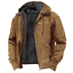 Men's Solid-Color Hooded Cotton Jacket Casual Trendy Fleece Zipper Pocket Winter Coat for Outdoor Wear