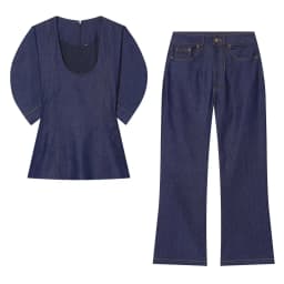 BSAY 2026 New Women's Denim Two Piece Set Puff Sleeve U-neck Blouse High Waist Wide Leg Jeans Casual Daily Wear Suit